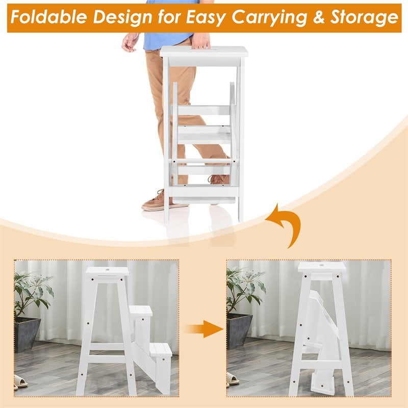 Pemberly Row 3-tier Rubber Wood Portable Folding Step Stool in White