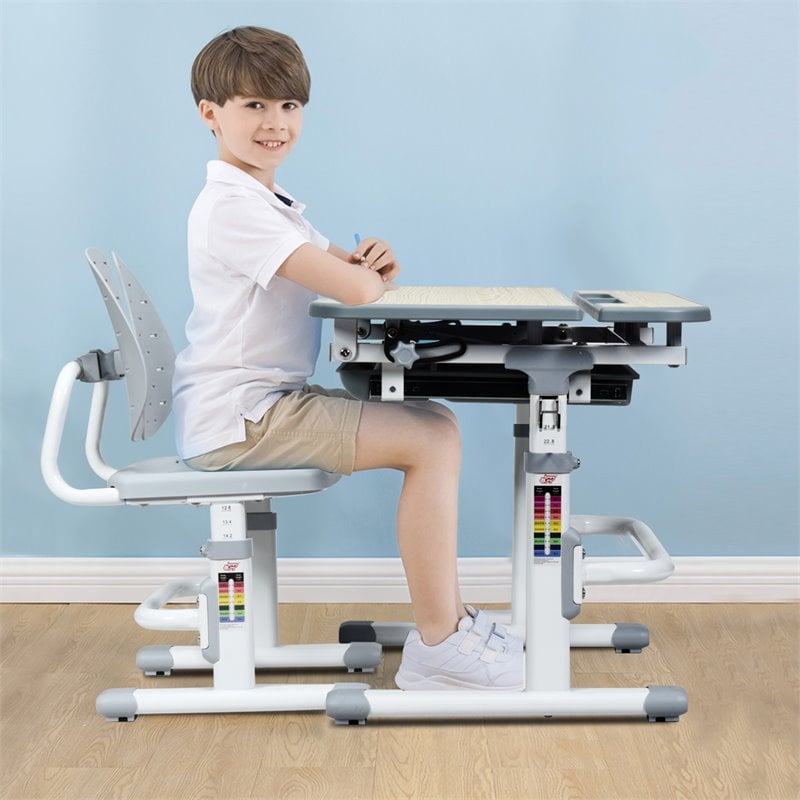 Pemberly Row MDF and Iron Adjustable Children Desk Chair Set with Drawer in Gray