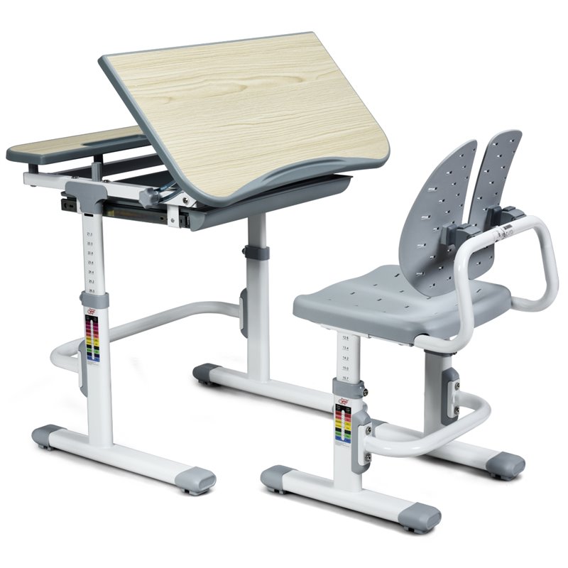 Pemberly Row MDF and Iron Adjustable Children Desk Chair Set with Drawer in Gray
