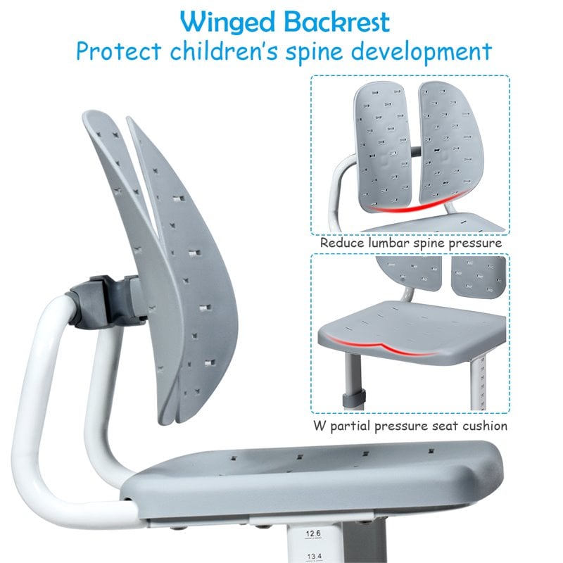 Pemberly Row MDF and Iron Adjustable Children Desk Chair Set with Drawer in Gray
