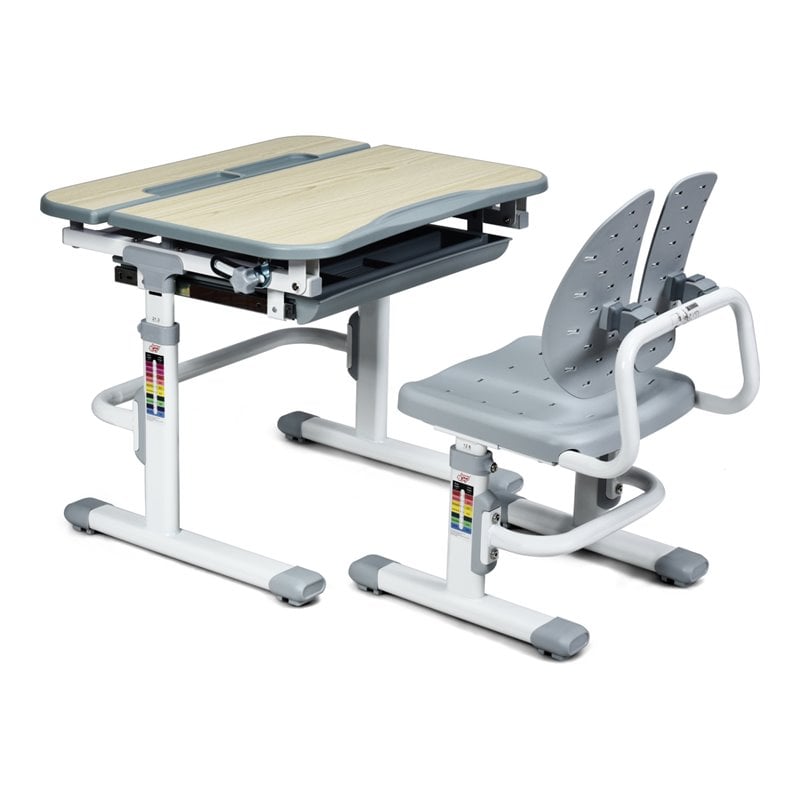 Pemberly Row MDF and Iron Adjustable Children Desk Chair Set with Drawer in Gray