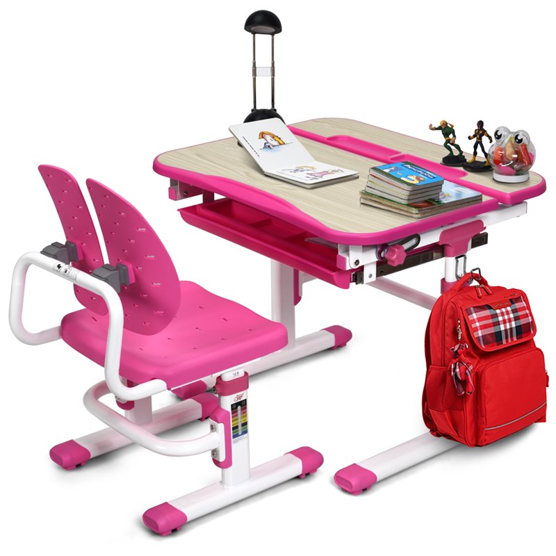 Pemberly Row MDF and Iron Adjustable Children Desk Chair Set with Drawer in Pink