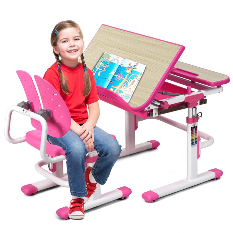 Pemberly Row MDF and Iron Adjustable Children Desk Chair Set with Drawer in Pink