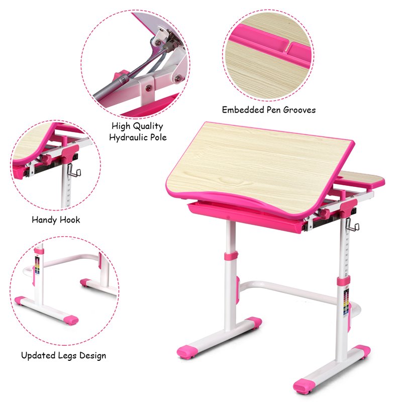 Pemberly Row MDF and Iron Adjustable Children Desk Chair Set with Drawer in Pink