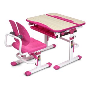 Pemberly Row MDF and Iron Adjustable Children Desk Chair Set with Drawer in Pink