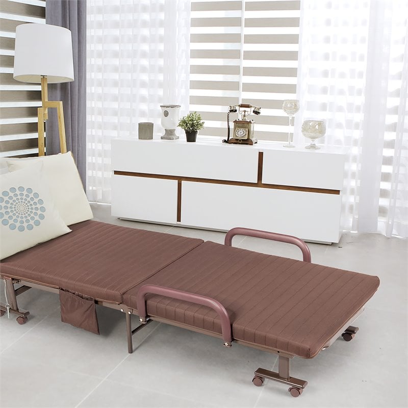 Pemberly Row Sponge Adjustable Folding Guest Bed with Portable Wheels in Brown