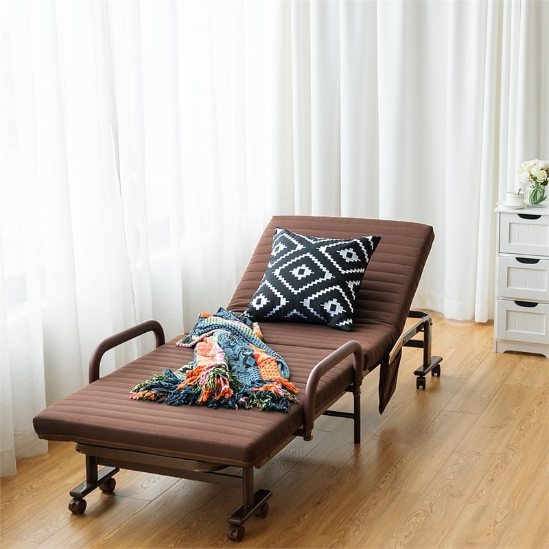 Pemberly Row Sponge Adjustable Folding Guest Bed with Portable Wheels in Brown