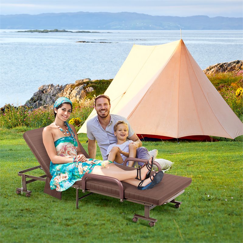 Pemberly Row Sponge Adjustable Folding Guest Bed with Portable Wheels in Brown