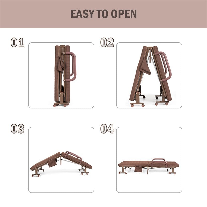 Pemberly Row Sponge Adjustable Folding Guest Bed with Portable Wheels in Brown