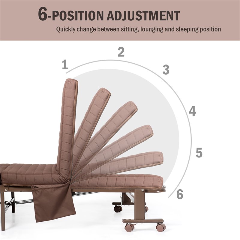 Pemberly Row Sponge Adjustable Folding Guest Bed with Portable Wheels in Brown