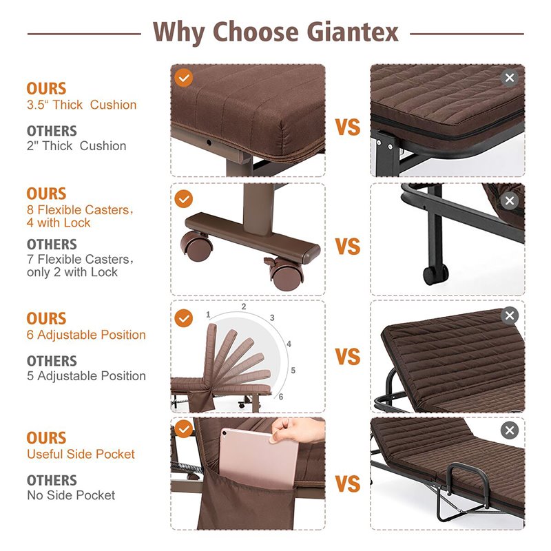 Pemberly Row Sponge Adjustable Folding Guest Bed with Portable Wheels in Brown