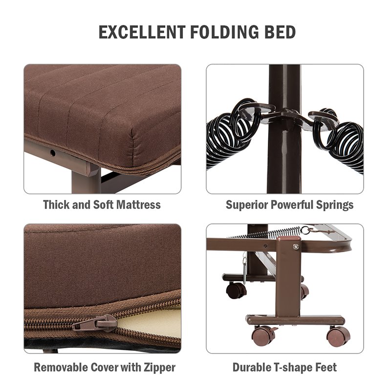 Pemberly Row Sponge Adjustable Folding Guest Bed with Portable Wheels in Brown
