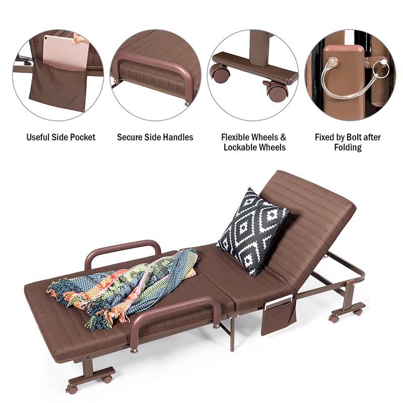 Pemberly Row Sponge Adjustable Folding Guest Bed with Portable Wheels in Brown