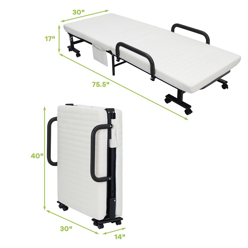 Pemberly Row Sponge Adjustable Folding Guest Bed with Portable Wheels in White