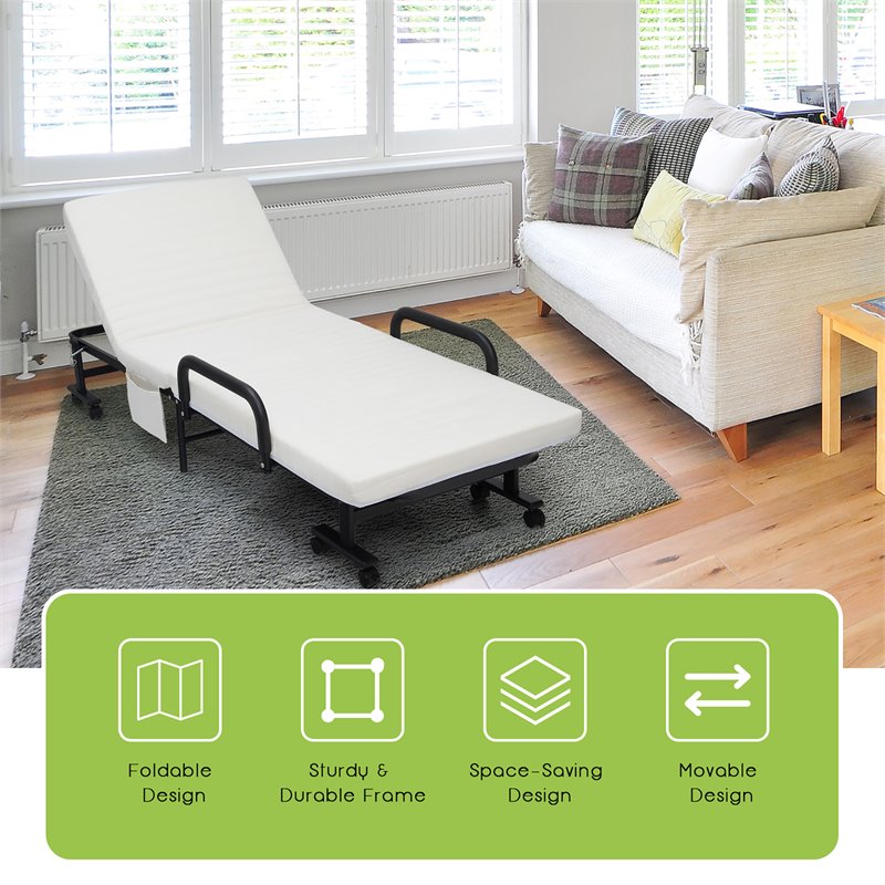 Pemberly Row Sponge Adjustable Folding Guest Bed with Portable Wheels in White