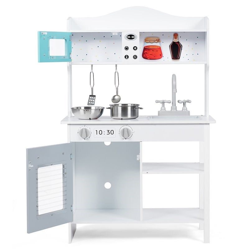 Pemberly Row Solid Wood Kids Kitchen Playset with Pots & Pans in White