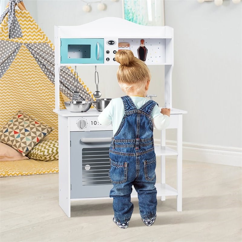 Pemberly Row Solid Wood Kids Kitchen Playset with Pots & Pans in White