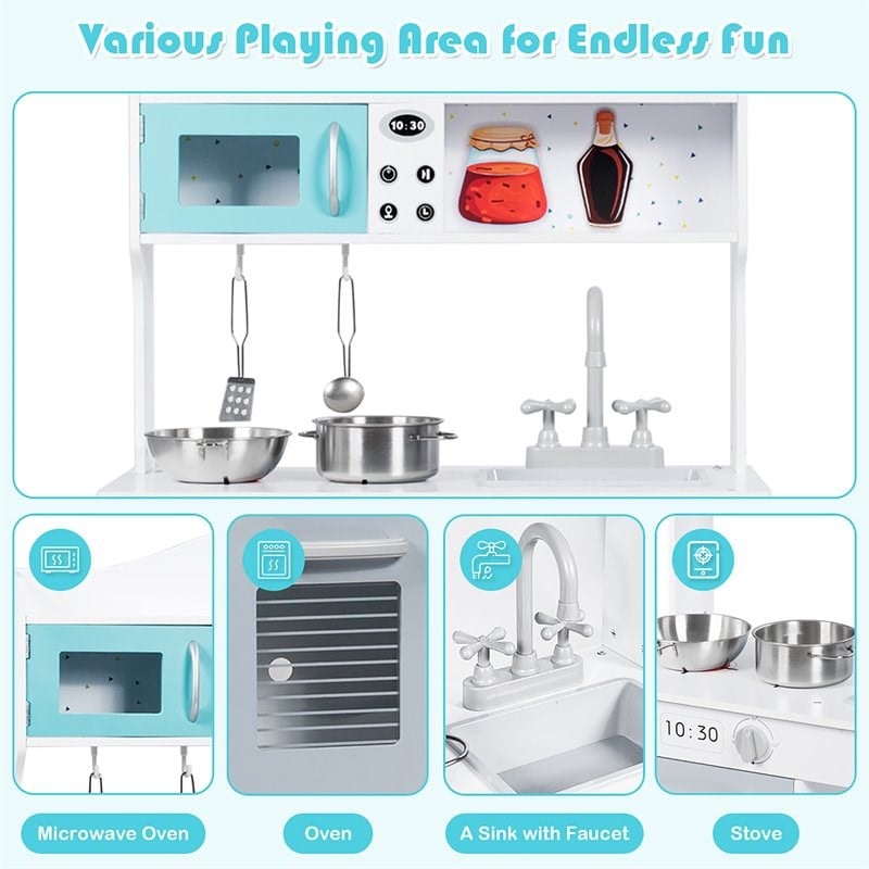 Pemberly Row Solid Wood Kids Kitchen Playset with Pots & Pans in White