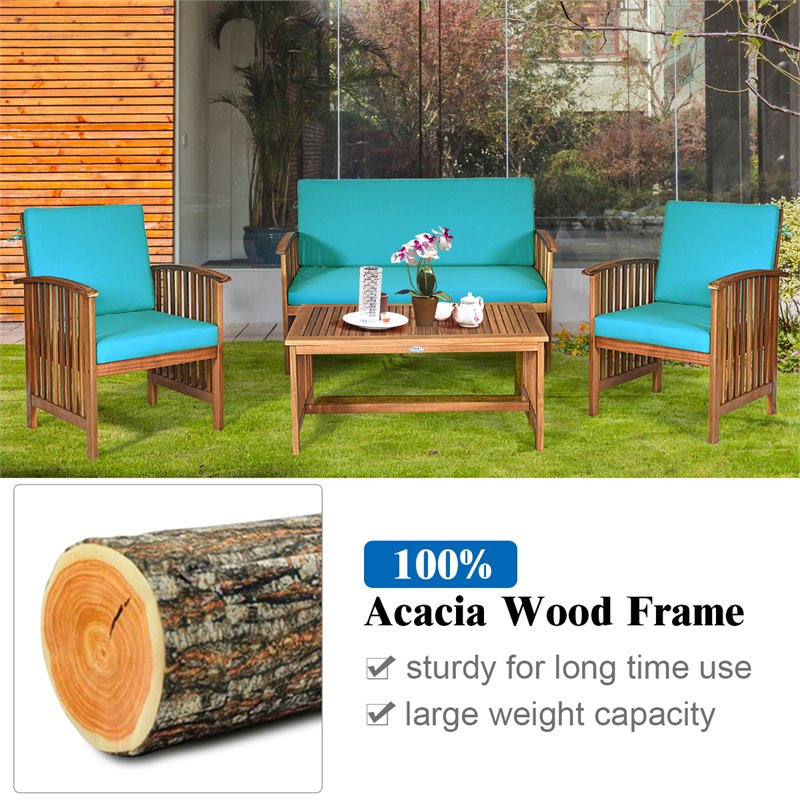 Pemberly Row 4-piece Wood & Sponge Patio Furniture Set with Coffee Table in Blue