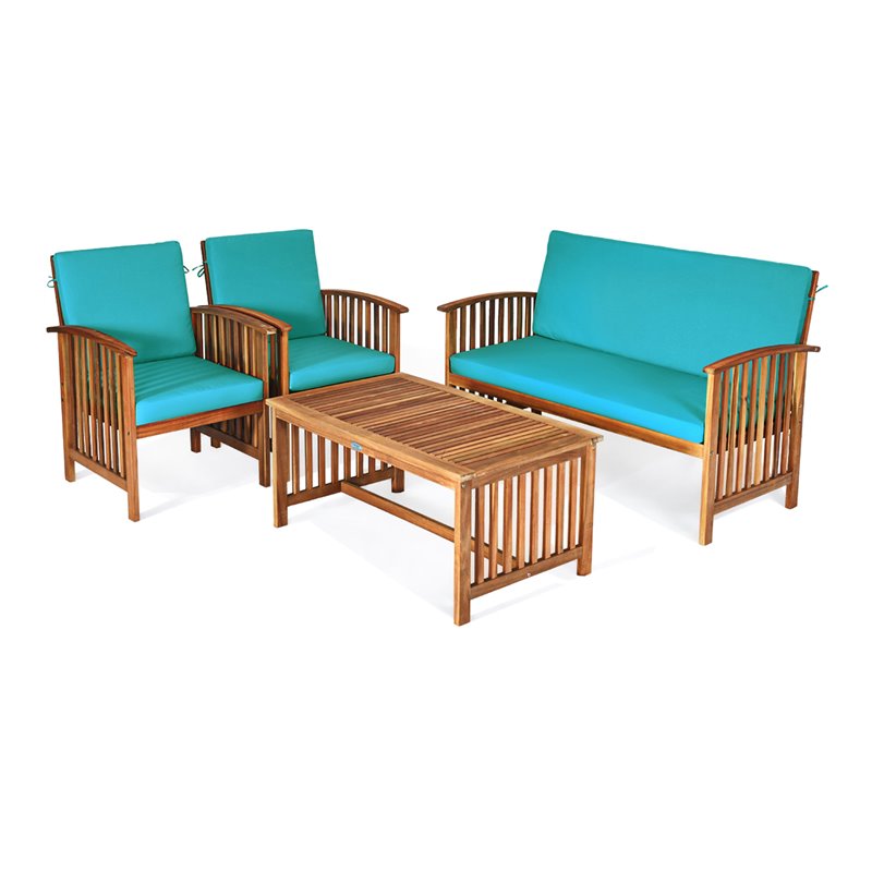 Pemberly Row 4-piece Wood & Sponge Patio Furniture Set with Coffee Table in Blue
