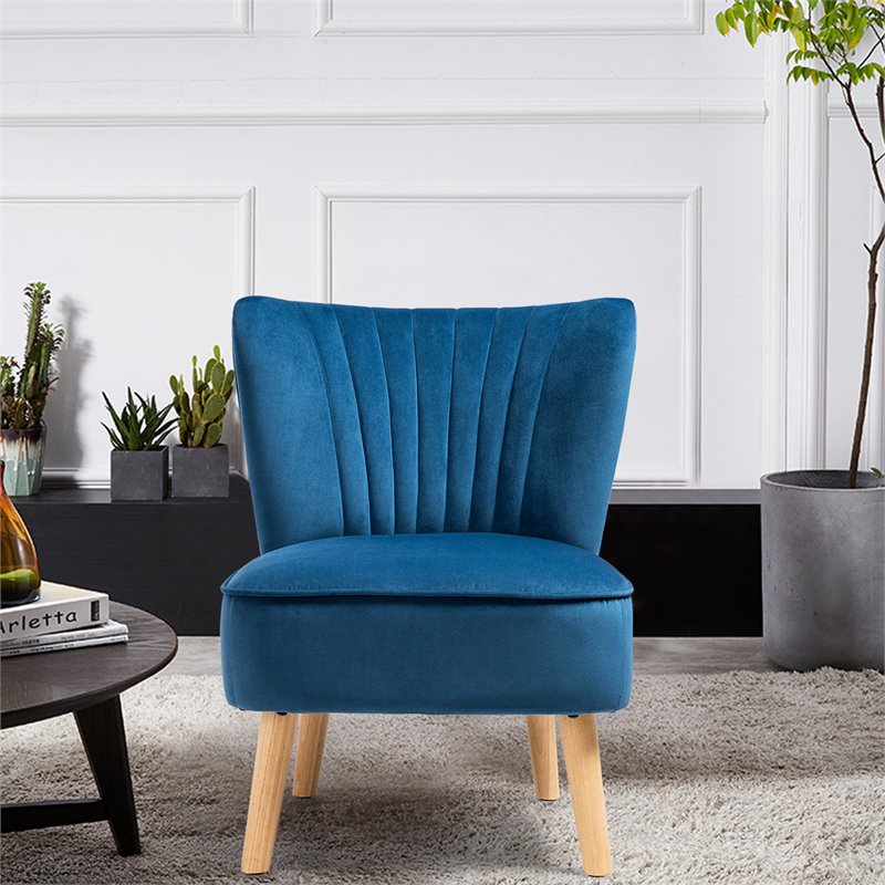 Pemberly Row Contemporary Rubber Wood & Velvet Armless Leisure Chair in Blue