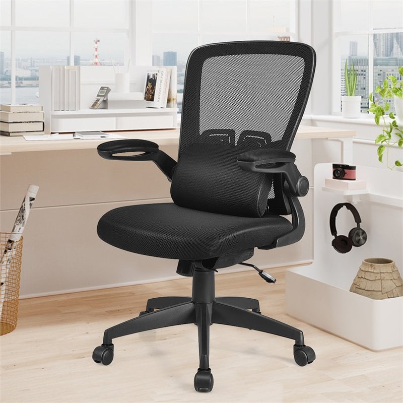 Pemberly Row Plastic and Sponge Mesh Office Chair with Lumbar Support in Black