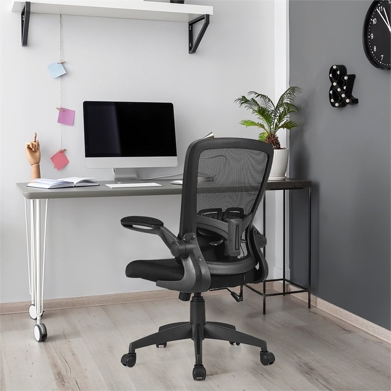 Pemberly Row Plastic and Sponge Mesh Office Chair with Lumbar Support in Black
