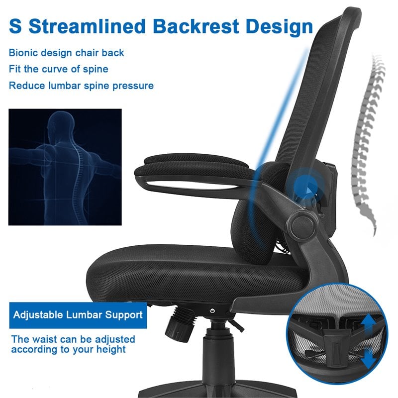 Pemberly Row Plastic and Sponge Mesh Office Chair with Lumbar Support in Black
