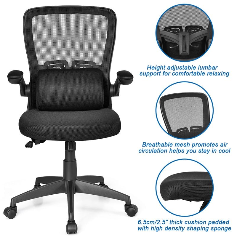 Pemberly Row Plastic and Sponge Mesh Office Chair with Lumbar Support in Black