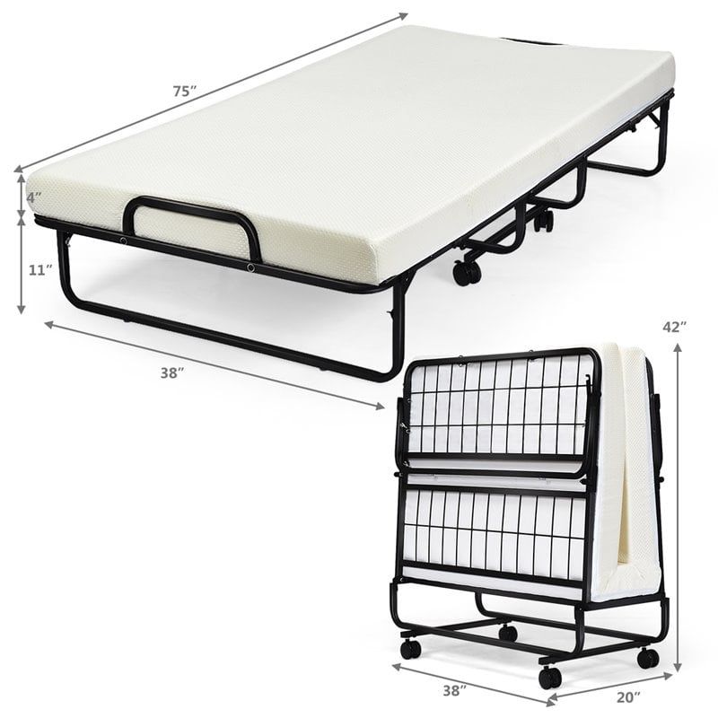 Pemberly Row Steel Foldable Daybed with 4 inch Memory Foam Mattress in White