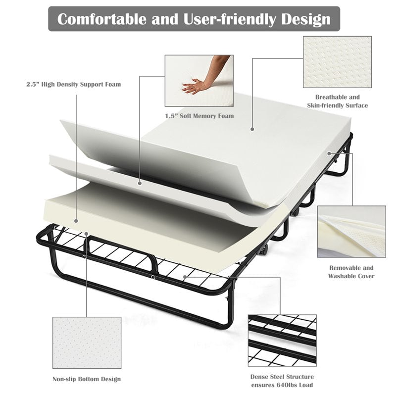 Pemberly Row Steel Foldable Daybed with 4 inch Memory Foam Mattress in White