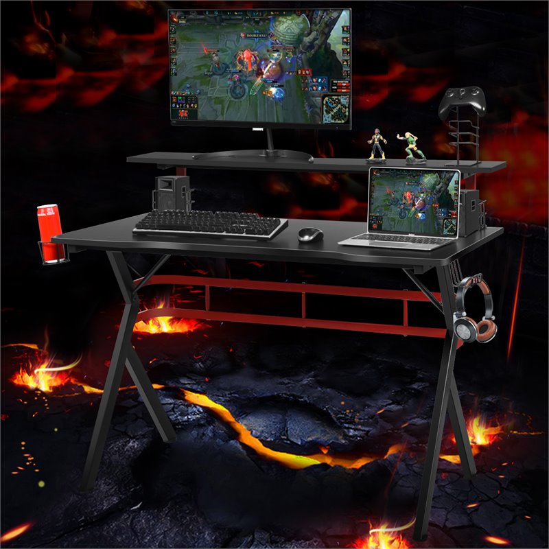 Pemberly Row MDF and Metal Computer Desk with Monitor Shelf in Black
