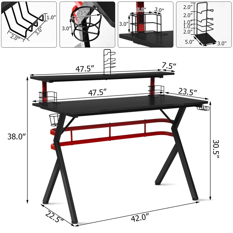 Pemberly Row MDF and Metal Computer Desk with Monitor Shelf in Black