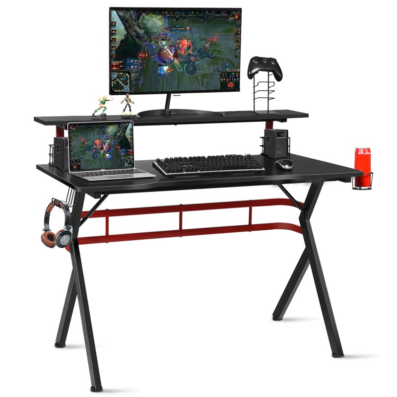 Pemberly Row MDF and Metal Computer Desk with Monitor Shelf in Black