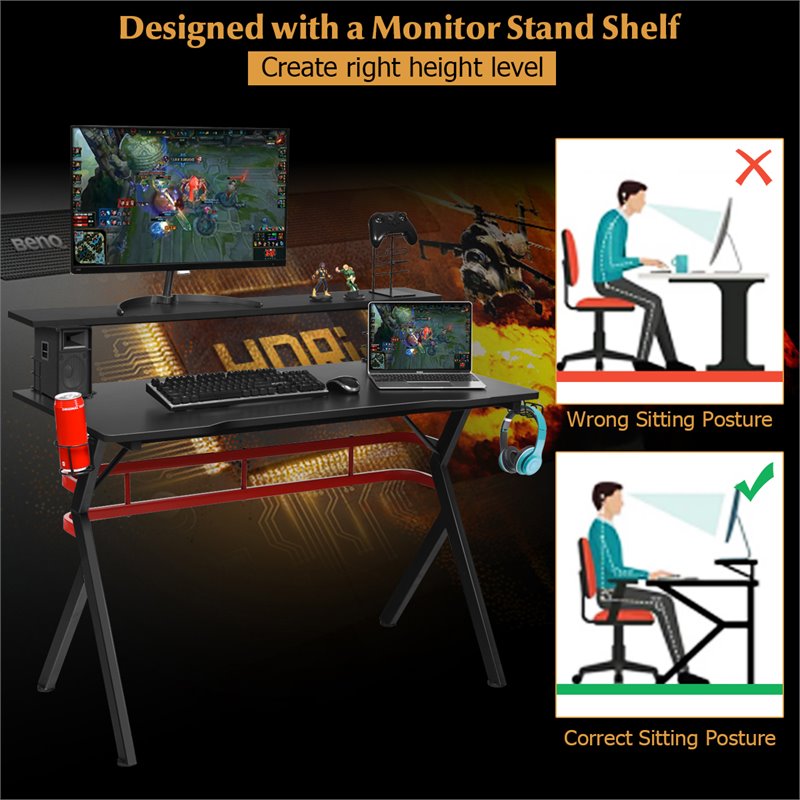Pemberly Row MDF and Metal Computer Desk with Monitor Shelf in Black