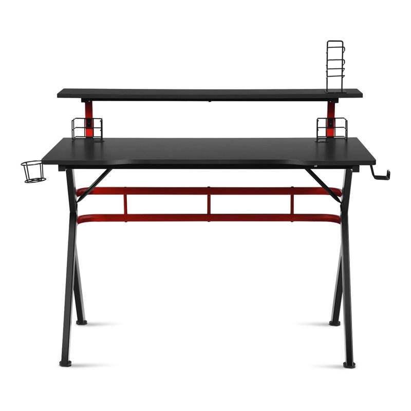 Pemberly Row MDF and Metal Computer Desk with Monitor Shelf in Black