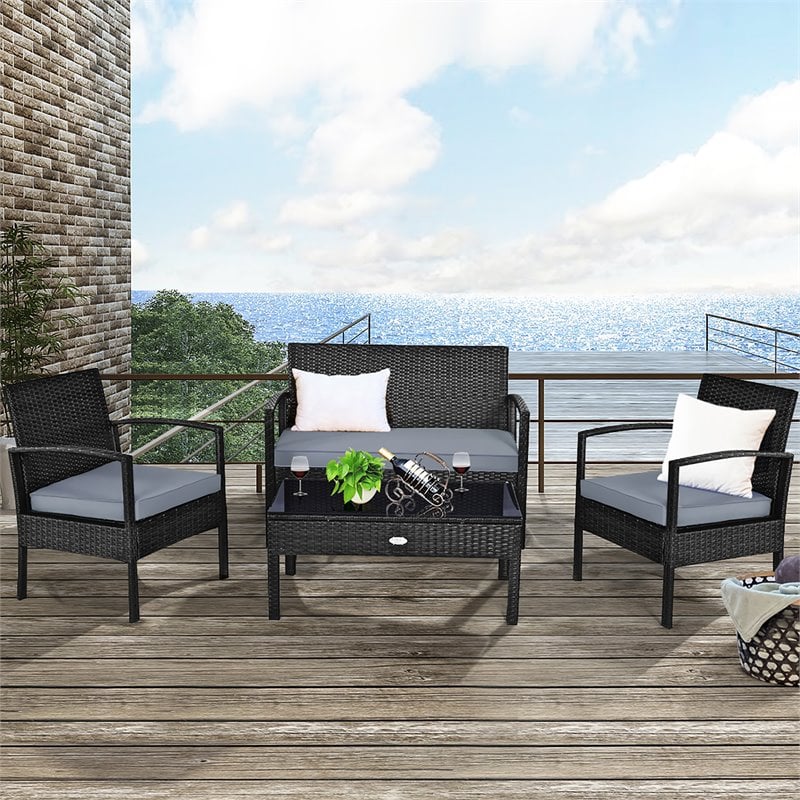 Pemberly Row 4-piece Rattan Patio Furniture Set with Sponge Cushion in Mix Brown
