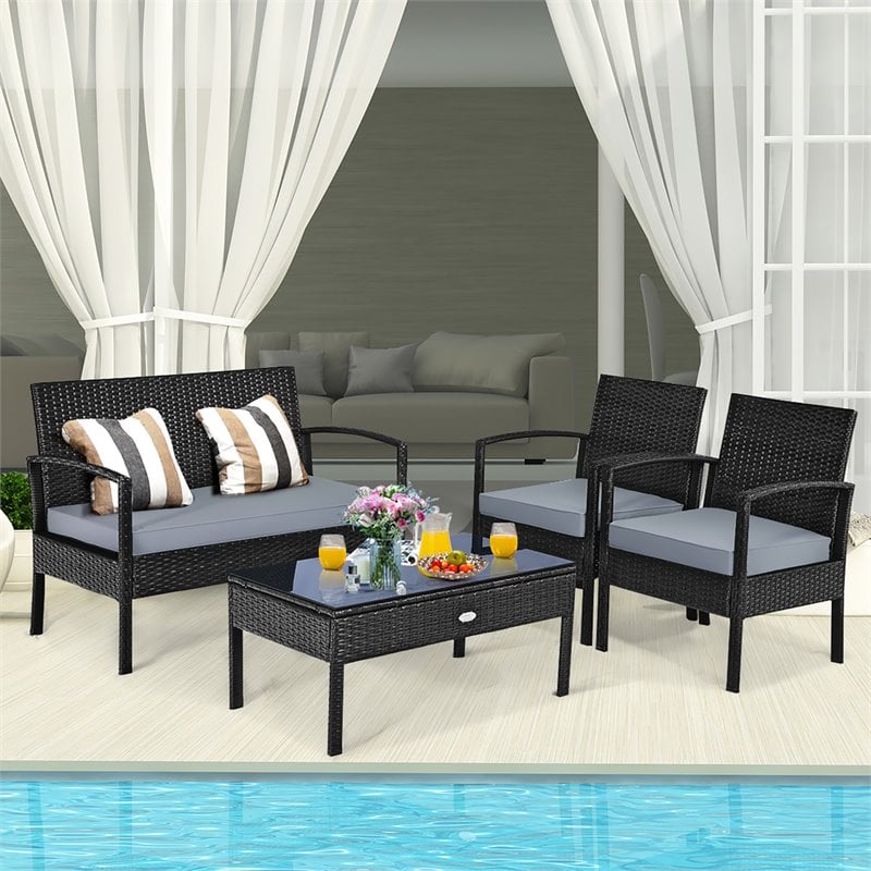 Pemberly Row 4-piece Rattan Patio Furniture Set with Sponge Cushion in Mix Brown