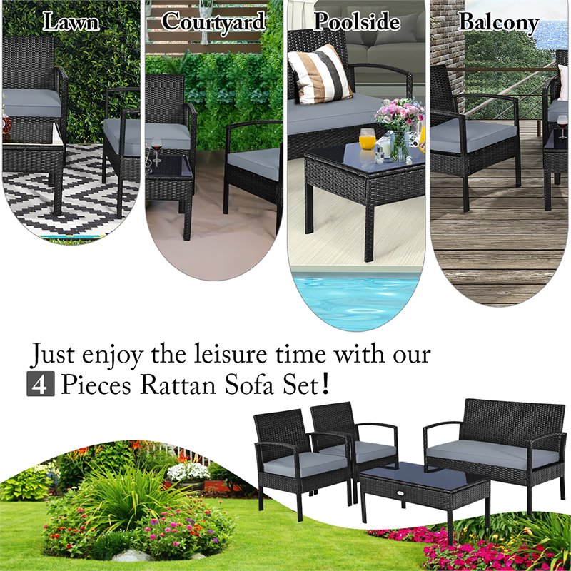 Pemberly Row 4-piece Rattan Patio Furniture Set with Sponge Cushion in Mix Brown