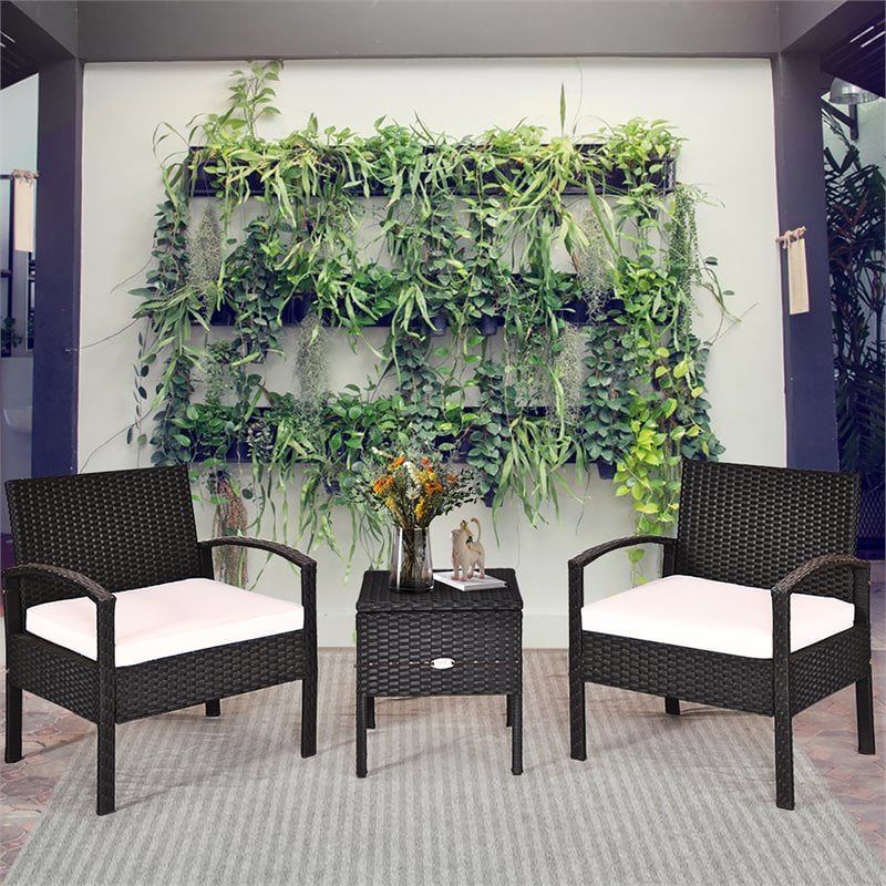 Pemberly Row 3-Pc Rattan Patio Furniture Set with Sponge Cushion in Black/White