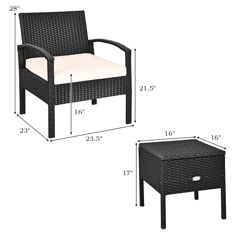Pemberly Row 3-Pc Rattan Patio Furniture Set with Sponge Cushion in Black/White