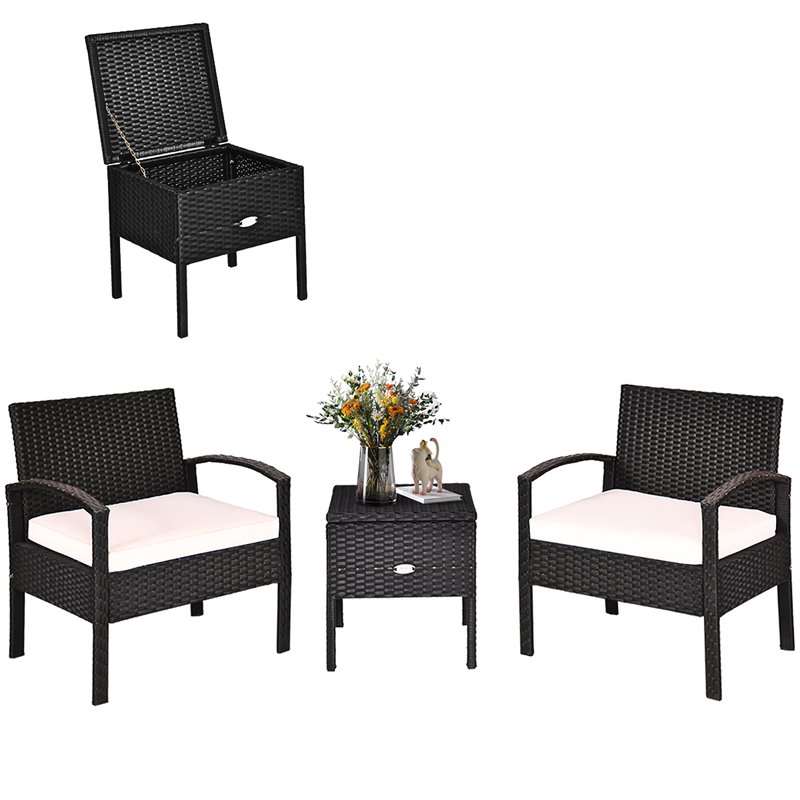 Pemberly Row 3-Pc Rattan Patio Furniture Set with Sponge Cushion in Black/White