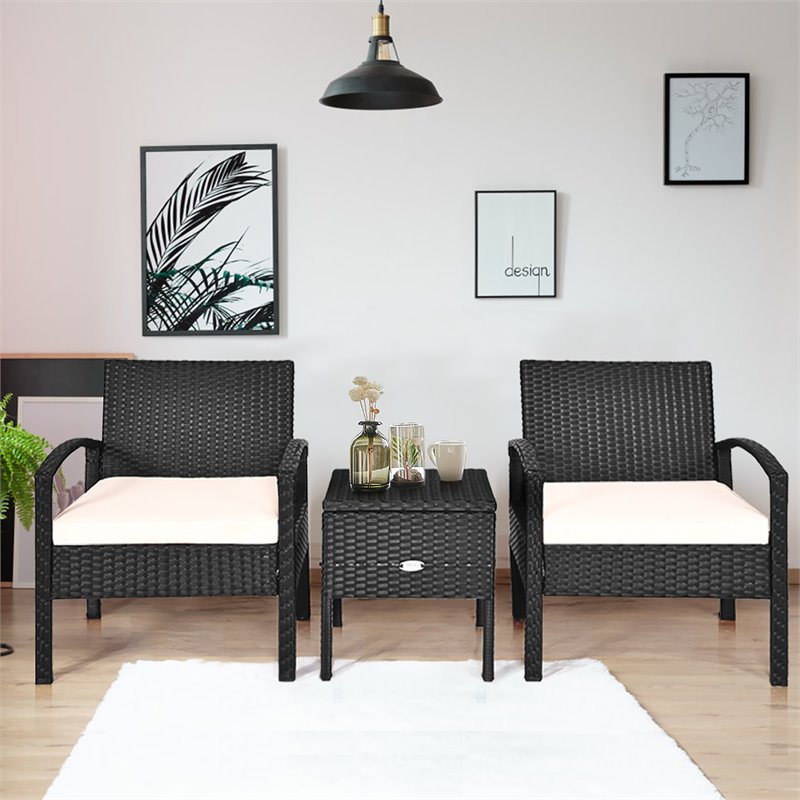 Pemberly Row 3-Pc Rattan Patio Furniture Set with Sponge Cushion in Black/White