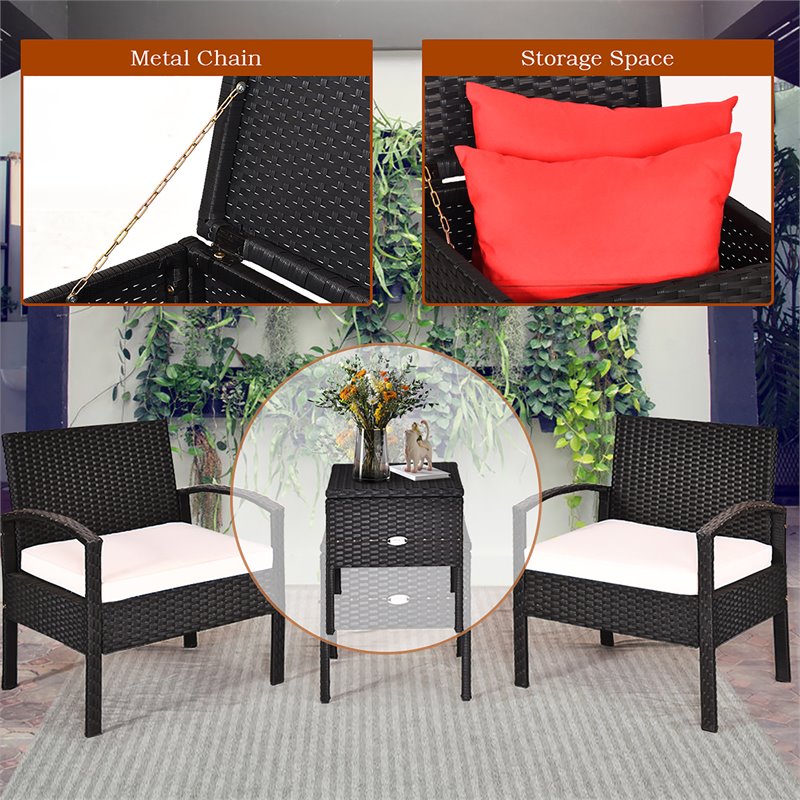 Pemberly Row 3-Pc Rattan Patio Furniture Set with Sponge Cushion in Black/White