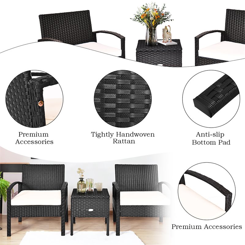Pemberly Row 3-Pc Rattan Patio Furniture Set with Sponge Cushion in Black/White