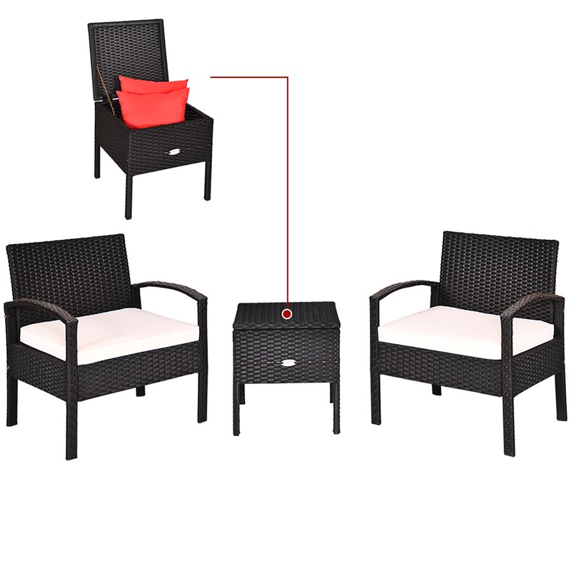 Pemberly Row 3-Pc Rattan Patio Furniture Set with Sponge Cushion in Black/White