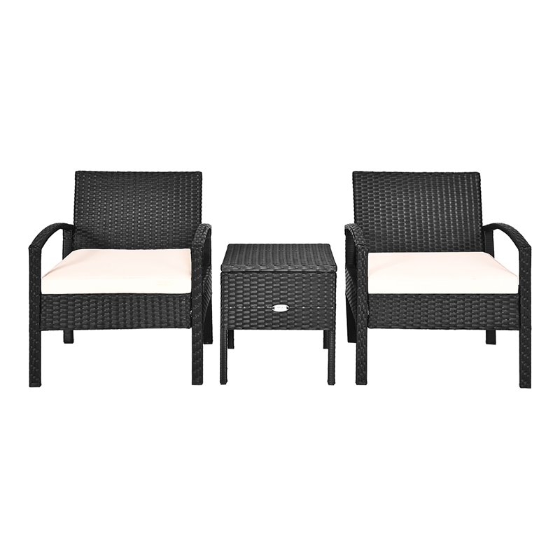 Pemberly Row 3-Pc Rattan Patio Furniture Set with Sponge Cushion in Black/White