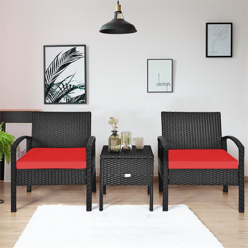 Pemberly Row 3-piece Rattan Patio Furniture Set with Sponge Cushion in Red