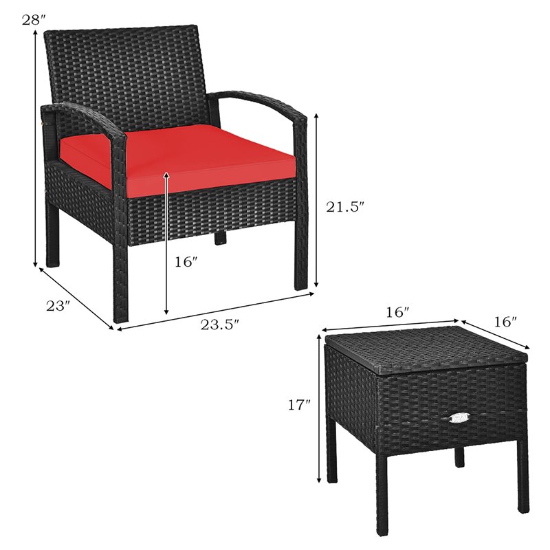 Pemberly Row 3-piece Rattan Patio Furniture Set with Sponge Cushion in Red