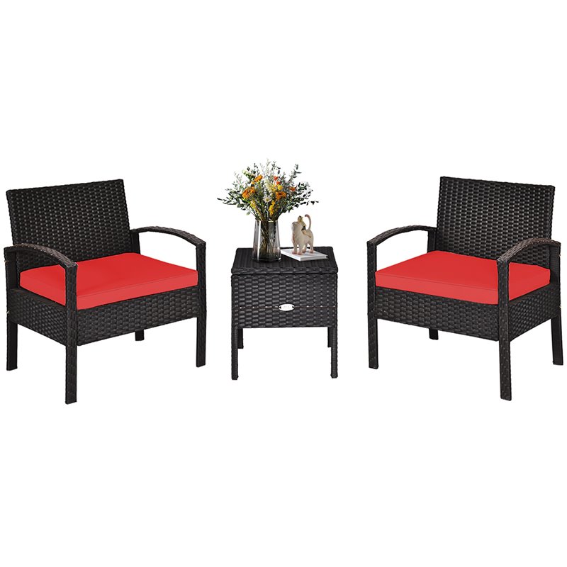 Pemberly Row 3-piece Rattan Patio Furniture Set with Sponge Cushion in Red